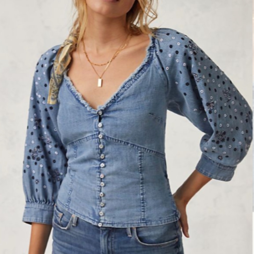 Anthropologie Pilcro Embroidered Chambray Blouse
